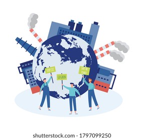 Environment pollution ecological problem banner with factory buildings around the world globe and ecologists, flat vector illustration isolated on white background.