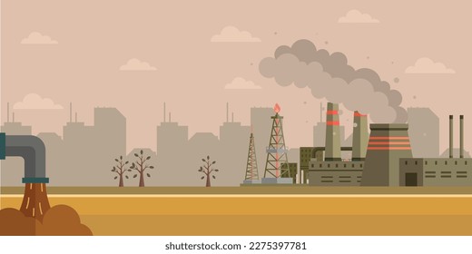 Environment pollution and ecology disaster. Factory air and water pollution. Power plant air pollution or industry factory. Smoke and air pollution. Industrial plant clouds of smoke, smog and fog