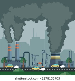 Environment pollution and ecology disaster. Factory air and water pollution. Power plant air pollution or industry factory. Smoke and air pollution. Industrial plant clouds of smoke, smog and fog