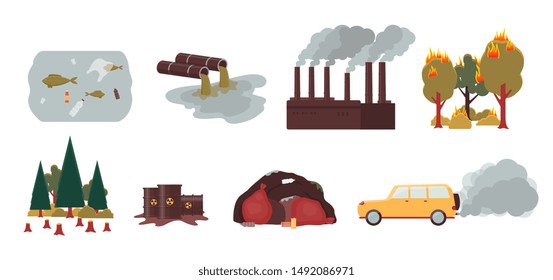 Environment Pollution And Ecology Disaster Set - Factory Smoke, Forest Fire, Deforestation, Chemical Spill, Plastic Waste, Car Carbon Emission - Flat Isolated Vector Illustration