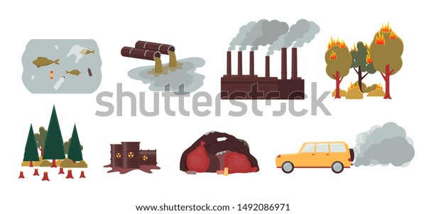 Environment pollution\
and ecology disaster set - factory smoke, forest fire,\
deforestation, chemical spill, plastic waste, car carbon emission -\
flat isolated vector\
illustration