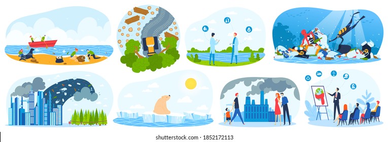 Environment pollution, ecology, environmental disaster set of vector illustrations. Green energy and nature pollution. Nuclear power plant, ocean polluted, scientists, zero waste on earth. Volunteers.