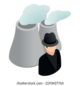 Environment pollution icon isometric vector. Male character near cooling tower. Nuclear power plant, heavy industry, air pollution