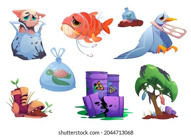 Environment pollution icons with plastic garbage, toxic waste and poor animals. Vector cartoon illustration of polluted nature, barrels with radioactive sign, bags and bottles