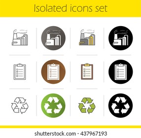 Environment pollution icons set. Flat design, linear, black and color styles. Industrial plant, checklist, recycle symbol. Isolated vector illustrations
