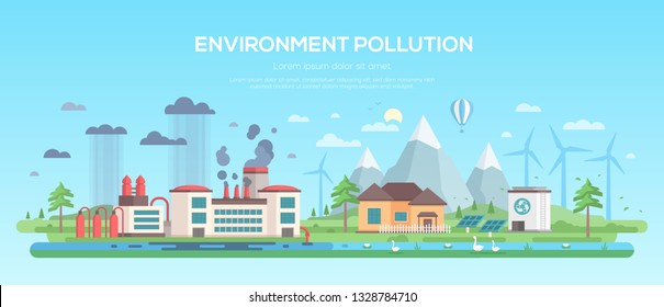 Environment pollution - modern flat design style vector illustration on blue background. A plant making hazardous substances emissions and clean area with windmills, solar panels, pond, hills