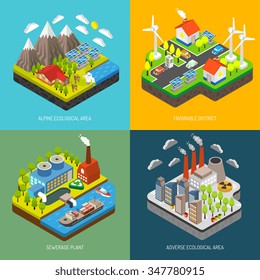 Environment pollution and protection with wind turbines solar panels electricity vehicle renewable energy and eco technologies vector illustration