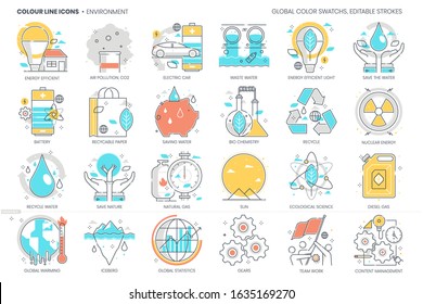 Environment, pollution related, color line, vector icon, illustration set. The set is about climate change, global warming, energy, industry, gas emissions, nature, health, forests, iceberg.