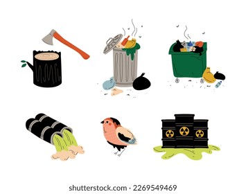 Environment pollution set. Pollution of nature with sewage, nuclear waste, garbage, deforestation cartoon vector illustration