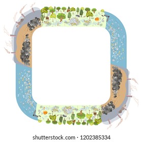 Environment pollution template. Factory with smoke coming out of chimneys. Industrial waste water contamination. Environmental disaster of plastic debris in the ocean. Hand drawn vector illustration. 