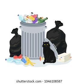 Environment polution concept. Garbage pile with trash container and trash bags, full of household waste. Black cat sitting by the garbage stack. Vector illustration.