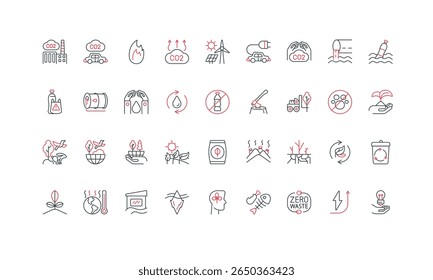 Environment problem and eco friendly solution for ecology protection line icon set. Wildlife conservation, renewable energy development, zero waste thin black and red symbols vector illustration