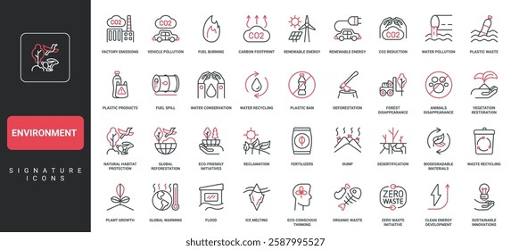 Environment problem and solution to save ecology of planet Earth line icon set. Treatment of air and water pollution, CO2 reduction, forest and animal care thin black red symbols vector illustration