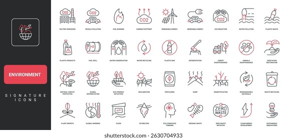 Problema ambiental e solução para salvar a ecologia do conjunto de ícones da linha do planeta Terra. Tratamento da poluição do ar e da água, redução de CO2, cuidado florestal e animal fino preto vermelho símbolos vetor ilustração