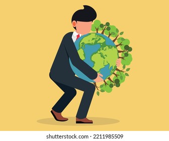 Environment protection, Businessman embracing a globe. ecology conservation concept flat vector illustration