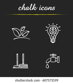 Environment protection chalk icons set. Ecology sign, cleaning service, water resources, good idea concept. Isolated vector chalkboard illustrations