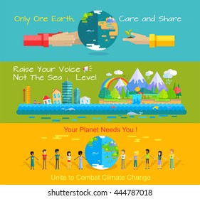 Environment protection concept banners. World environment day vector in flat style design. Taking care of the planet. Earth needs. Monitoring sea levels, global warming, climate change illustration.