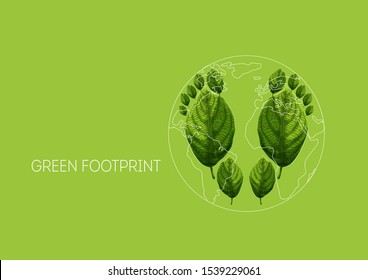 Environment protection concept with ecological footprints made of green leaves and planet Earth map outline on green background. Cartoon style vector illustration.