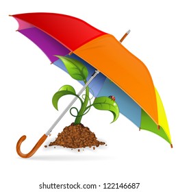 Environment Protection Concept - Umbrella protects Sprout, isolated on white background, vector illustration