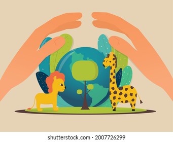 environment protection concept, vector cartoon  image with animals and planet, isolated