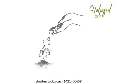 Protección y conservación del medio ambiente, ahorro de la naturaleza, cuestiones ecológicas, cultivo de plantas, metáforas. Sprout, riego de semillas de manos, boceto conceptual del Día de la Tierra. Ilustración vectorial dibujada a mano