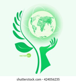 Environment protection day, help for nature. Globe on hand with twig world, protects World. Planet Earth, Globe in green protective color. Technologies and communications on the planet, world peace. 