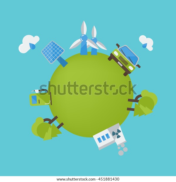 Environment\
protection design with wind turbine biofuel car solar panel green\
planet on blue background vector\
illustration