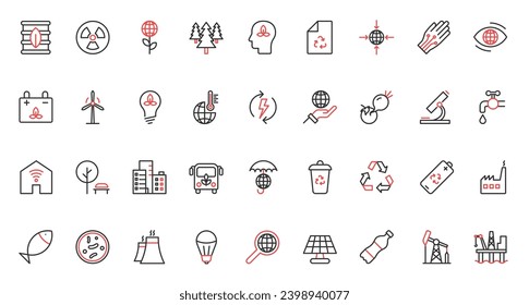 Environment protection and eco startup technology, recycle plant, research with microscope, global warming and urbanization. Red black thin line energy and ecology trendy icons set vector illustration