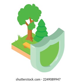Environment protection icon isometric vector. Shield on forest area background. Ecology concept