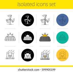 Environment protection icons set. Linear, black and color styles. Wind mill, solar panels, industrial factory. Isolated vector illustrations
