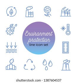 Environment protection line icon set. Factory, recycling, water drops. Ecology concept. Can be used for topics like nature, industrial pollution, global warming