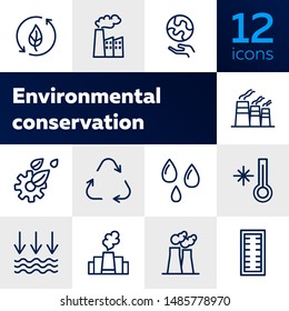 Environment protection line icon set. Factory, recycling, water drops. Ecology concept. Can be used for topics like nature, industrial pollution, global warming