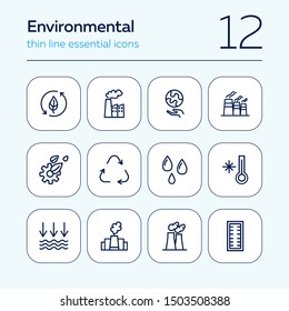 Environment protection line icon set. Factory, recycling, water drops. Ecology concept. Can be used for topics like nature, industrial pollution, global warming