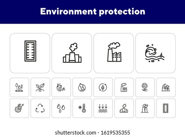 Environment protection line icon set. Factory, recycling, water drops. Ecology concept. Can be used for topics like nature, industrial pollution, global warming
