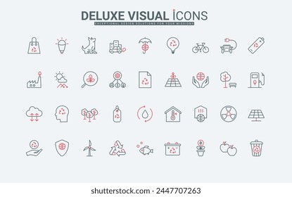 Environment protection line icons set. Green energy, recycle and alternative bio technology for industry, clean and care global ecology thin black and red outline symbols, vector illustration