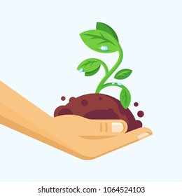 Environment protection, natural clean products, careful attitude to nature. Clean nature, hand holds handful of earth with growing plant, keeping alive. Vector illustration isolated.