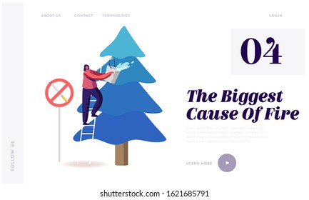 Environment Protection, Nature Ecology Saving Website Landing Page. Volunteer Woman Extinguish Big Fire Spraying Water from Bucket on Burning Fir-Tree Web Page Banner. Cartoon Flat Vector Illustration
