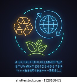 Environment protection neon light concept icon. Nature saving idea. Eco conservation. Planet. Ecology. Glowing sign with alphabet, numbers and symbols. Vector isolated illustration