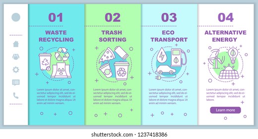 Environment protection onboarding mobile web pages vector template. Trash sorting, waste recycling, alternative energy, eco transport. Responsive smartphone website. Webpage walkthrough steps