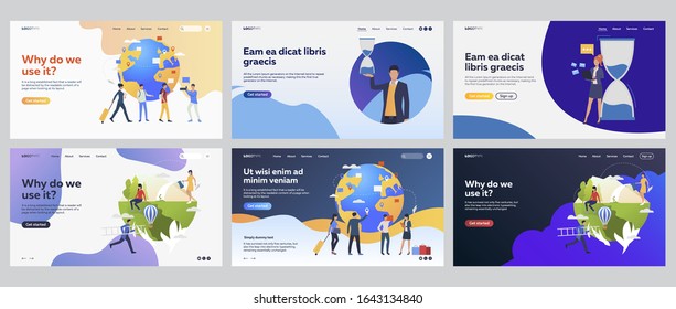 Environment protection project set. Volunteers planting seedlings, planet, presentation. Flat vector illustrations. Ecology, nature concept for banner, website design or landing web page