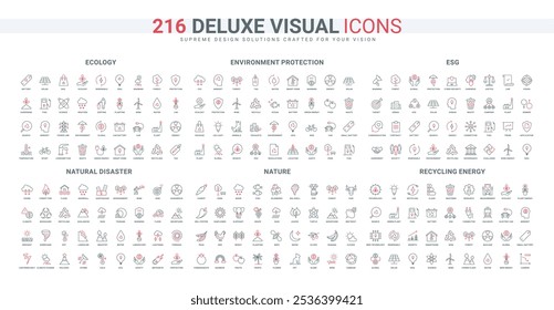 Environment protection, recycling energy and technology, natural disaster line icon set. Society care for nature, plants, animals and birds thin black and red outline symbols vector illustration