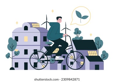Environment protection and reduction of carbon footprint. Character riding a bicycle in the city, to reduce CO2 emissions. Pollution free transportation and green energy. Flat vector illustration