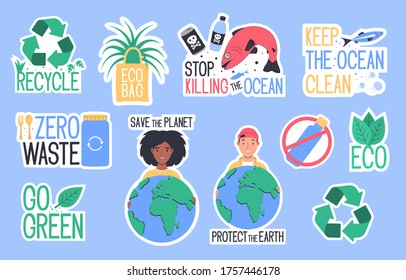 Environment protection. Set of ecology stickers. Decorative design elements. Flat vector illustration.