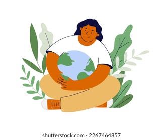 Environment protection, sustainability concept. Save the planet. Woman hugs planet with love. Nature care. Flat vector illustration 