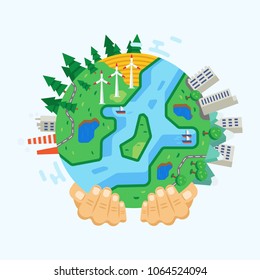 Environment protection, use alternative types energy on planet, careful attitude to nature. Clean city, landscapes, preservation ecology, eco-protection earth. Vector illustration isolated.