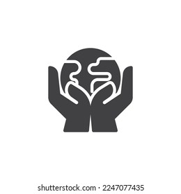 Icono de vector de protección del entorno. signo plano relleno para concepto móvil y diseño web. Manos sosteniendo el icono del glifo del planeta Tierra. Símbolo, ilustración del logotipo. Gráficos vectoriales
