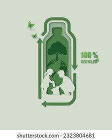 environment and recycle concept with a bottle sharp , family ,tree and global inside . Eco friendly waste reuse. vector illustration in paper art style.