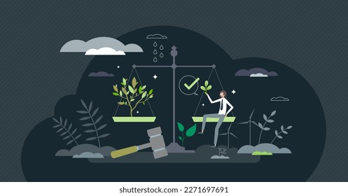 Environment regulation and legal nature standards policy tiny person concept. Sustainable ecology protection with responsible law principles and social vs green interests balance vector illustration.