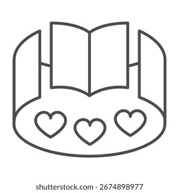 Ambiente para história romântica ícone de linha fina, conceito de leitura de livro. Gráficos vetoriais. Copas e livro de texto, sinal de revisão positiva no fundo branco, ícone de estilo de contorno para design móvel ou web