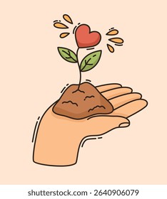 Environment saving concept. Growing heart shaped flower in hand. Flat vector illustration.